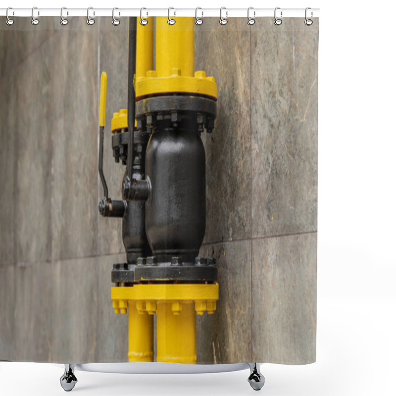 Personality  A Connection In A Gas Pipeline System Is Displayed, Showcasing Black And Yellow Metal Pipes And Valves Designed For Efficient Fuel Distribution And Control. Shower Curtains