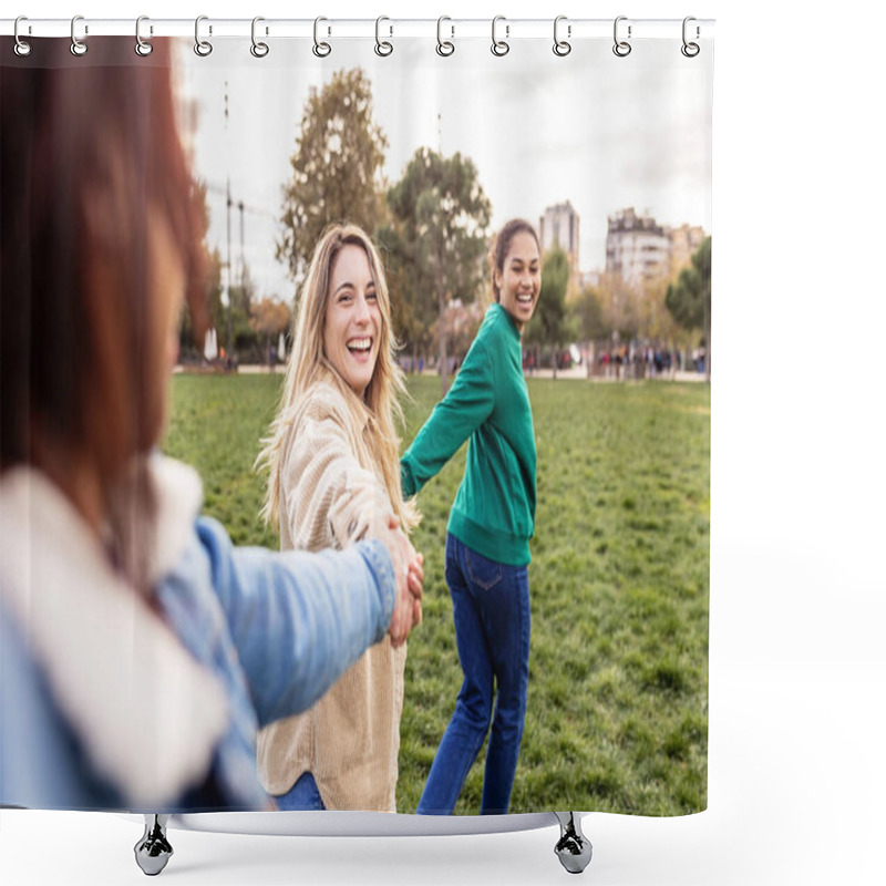 Personality  Three Young Multiracial Female Friends Having Fun Running Holding Hands Together Outdoor. Female Friendship Lifestyle Shower Curtains