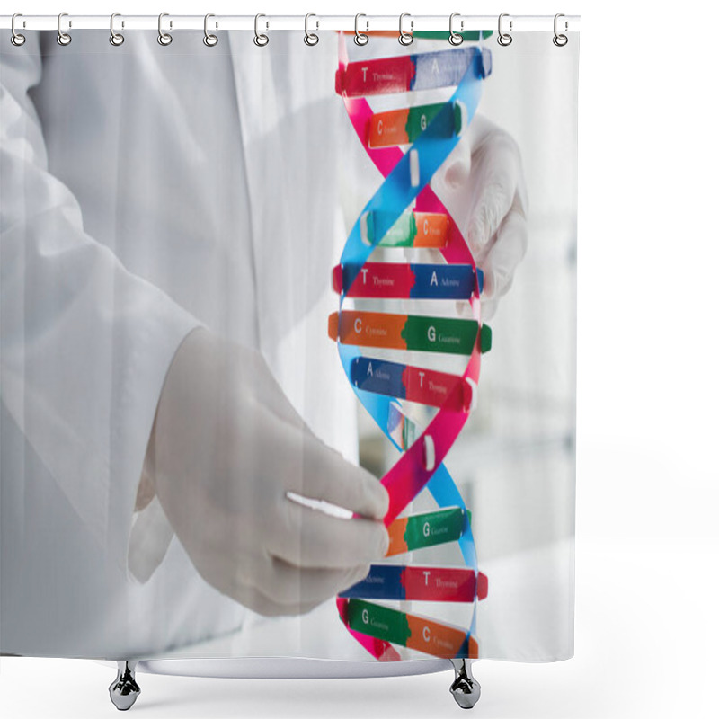 Personality  Dna Model Near Cropped Geneticist In Latex Gloves Shower Curtains