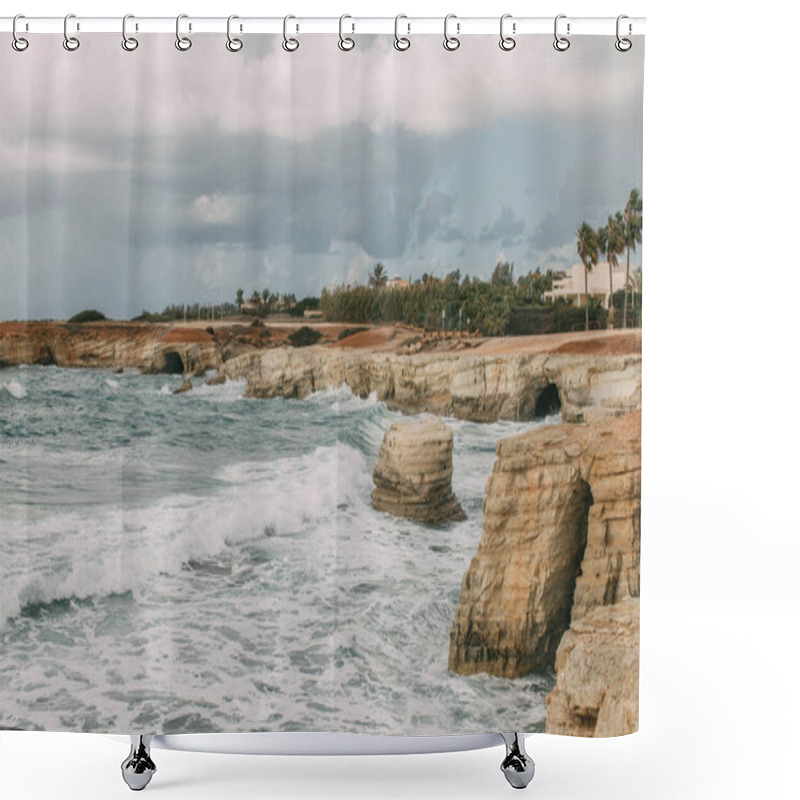 Personality  Coastline Of Mediterranean Sea Against Sky With Clouds  Shower Curtains