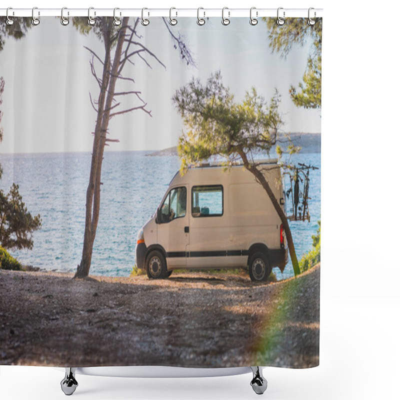 Personality  Living The Vanlife. White Van Camper Parked On The Beach, Nice Trees Around And Blue Sky Just Behind The Van In The Background. Modern Nomad Lifestyle With A Van. Shower Curtains