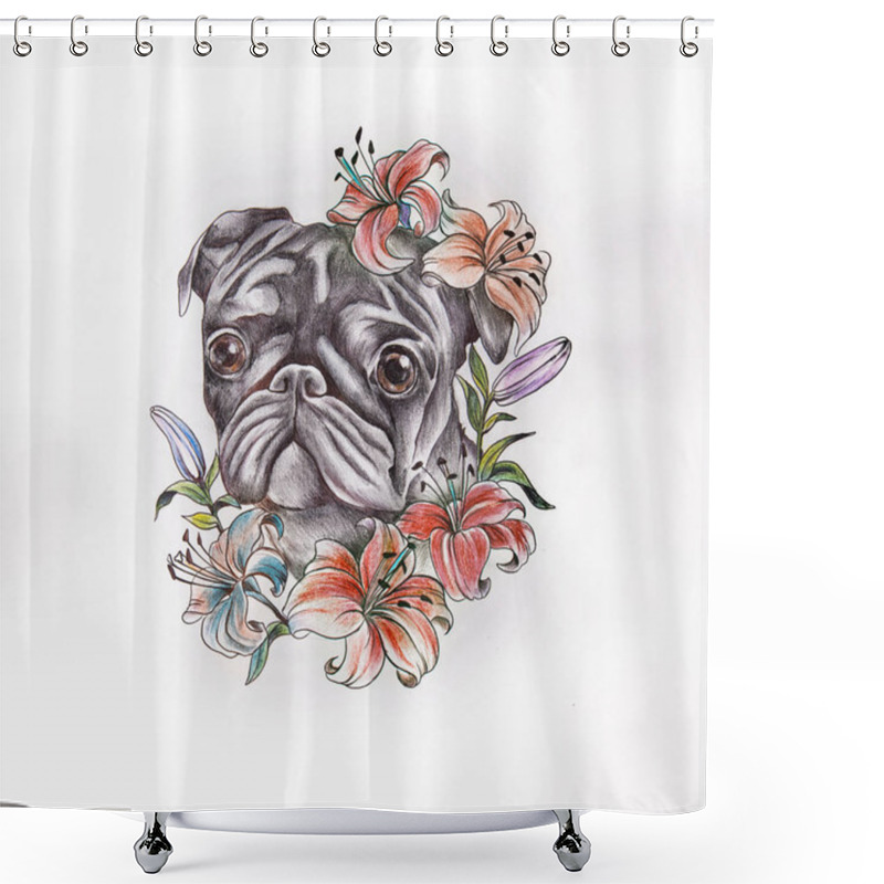 Personality  Sketch Of Pug In Flowers On A White Background Shower Curtains