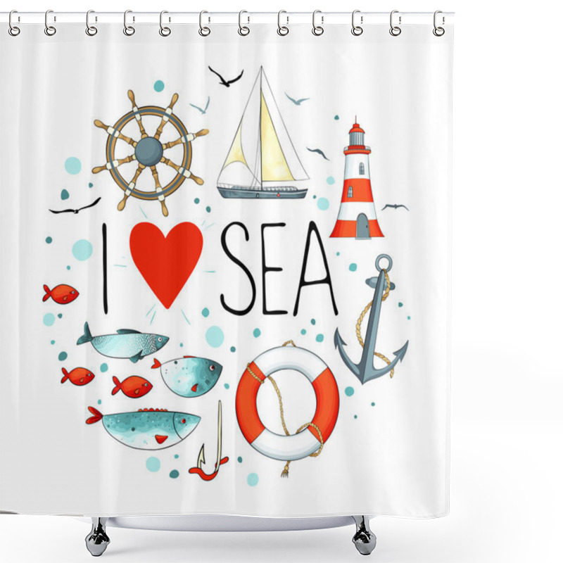 Personality  Collection Of Nautical Elements In A Circle Shape. Shower Curtains