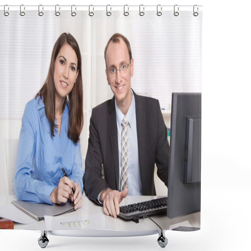 Personality  Successful Teamwork - Smiling Man And Woman In A Blue Blouse At Desk Shower Curtains