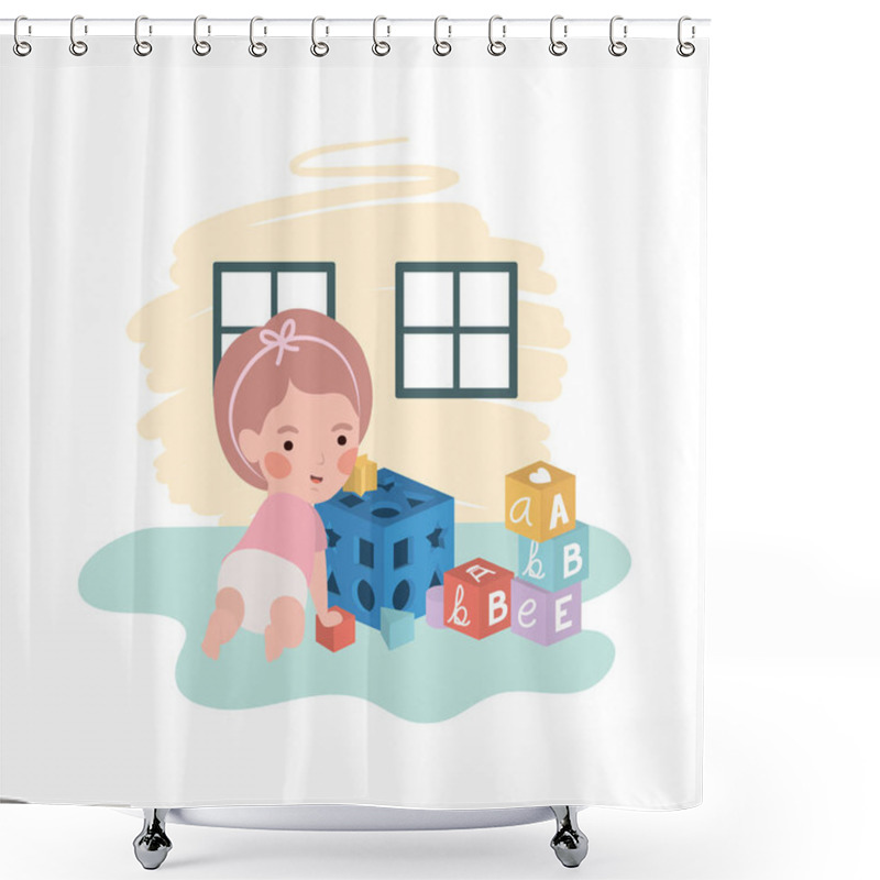 Personality  Cute Little Girl Baby With Blocks Toy Character Shower Curtains