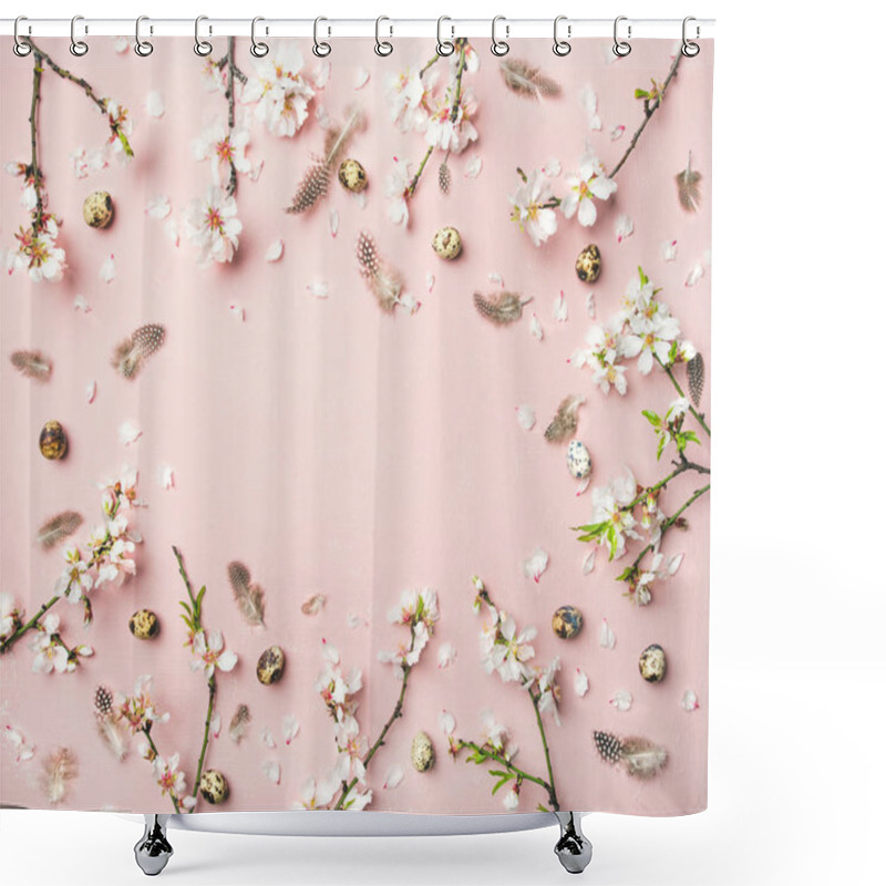 Personality  Easter Holiday Background. Tender Spring Almond Blossom Flowers On Branches, Feathers, Quail Eggs Over Light Pink Background Shower Curtains