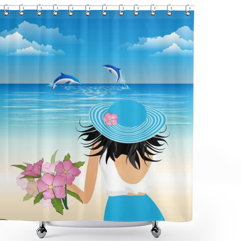 Personality   Romantic Composition Showing A Woman In A Blue Hat Watching Dolphins Shower Curtains