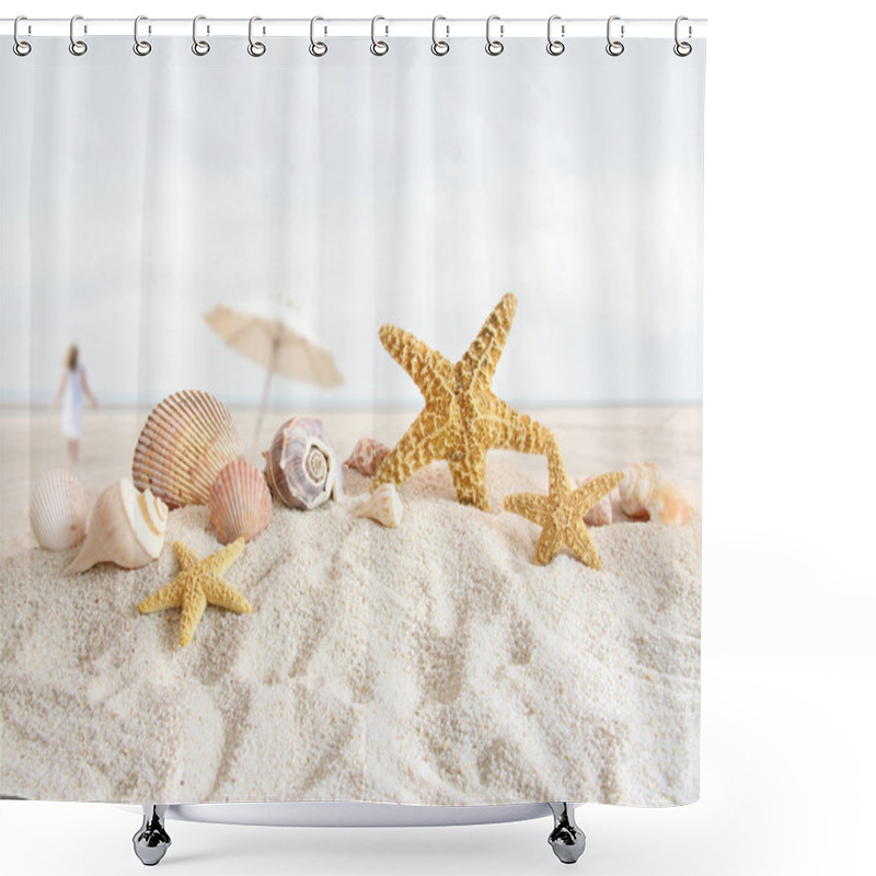 Personality  Starfish And Seashells At The Beach Shower Curtains