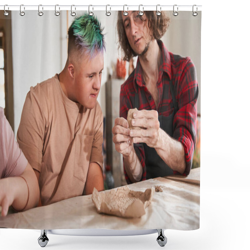 Personality  Craftsman In Apron Teaching Young Boy With Down Syndrome Making Plate Shower Curtains