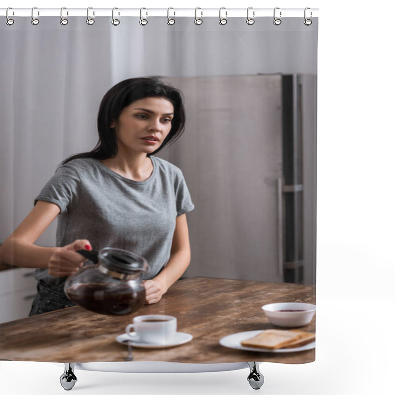 Personality  Selective Focus Of Woman With Bruise On Face Holding Coffee Pot Near Cup, Domestic Violence Concept  Shower Curtains