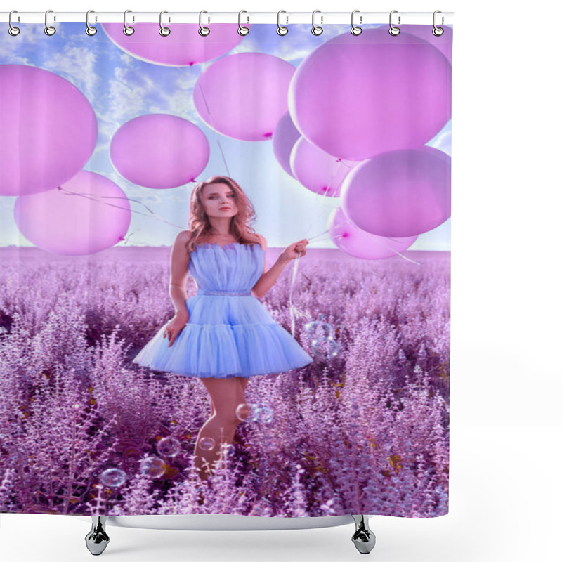 Personality  Beautiful Woman With Pink Balloons In Lavender Field Shower Curtains