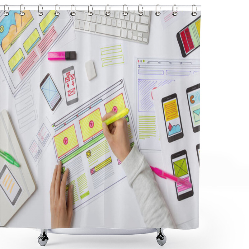 Personality  Designers Develop Website Applications. Designers Draw Sketches Of The Interface. User Experience Concept. Shower Curtains