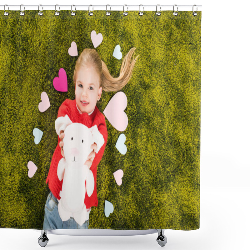 Personality  Top View Of Happy Little Child Surrounded With Hearts Lying On Green Soft Carpet With Toy Rabbit Shower Curtains