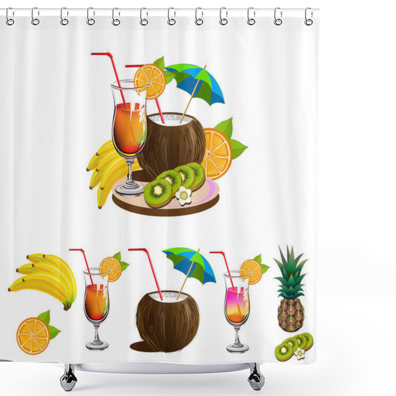 Personality  Set Of Fruits And Cocktails For A Beach Bar. Cocktail Glasses, Pineapple, Kiwi, Orange, Banana And Coconut. Vector Illustration Isolated On White Background. Shower Curtains