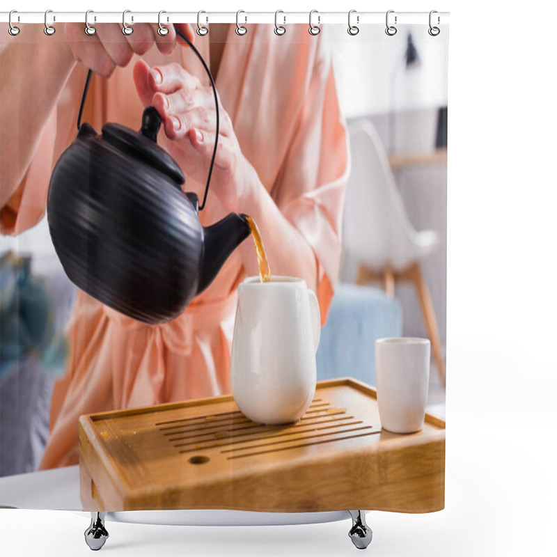 Personality  Partial View Of Woman Pouring Tea Into Jug While Having Tea Ceremony At Home Shower Curtains