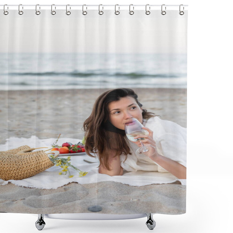 Personality  Young Woman Holding Wine Near Flowers In Handbag And Fruits On Blanket On Beach  Shower Curtains