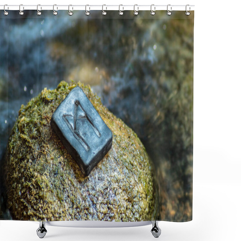 Personality  Norse Rune Mannaz On The Stone And The Evening River Background. Humanity, The Development Of The Best Human Qualities. Self-realization. Work With Human Resources. Shower Curtains