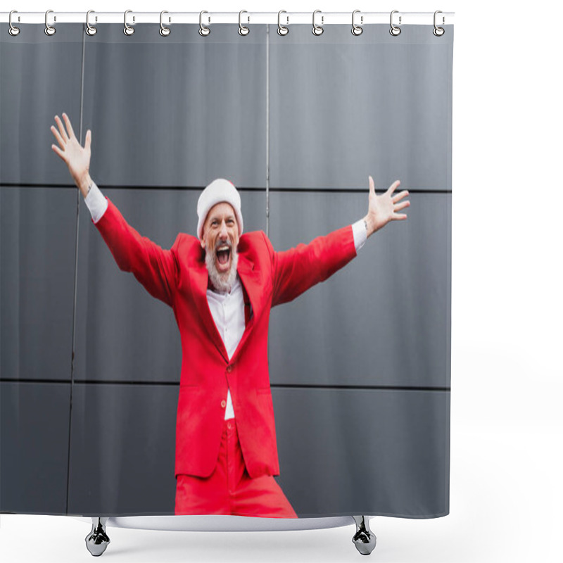 Personality  Excited Mature Man In Santa Hat Standing With Outstretched Hands Near Grey Wall  Shower Curtains