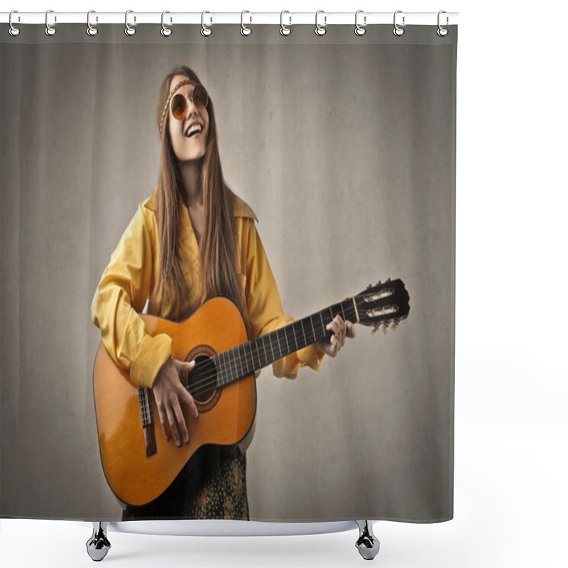 Personality  Hippy Teenager Playing The Guitar Shower Curtains