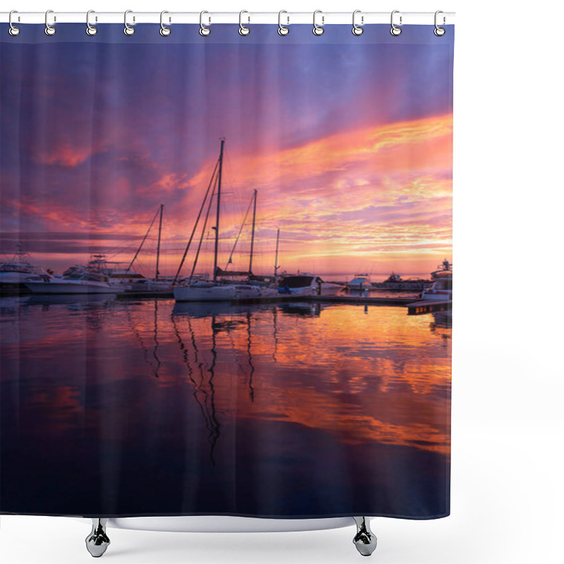 Personality  Dramatic Sunset Over Sailboats In The Calm Water Of Marina, Port, Harbor. Travel, Vacation Concept  Shower Curtains