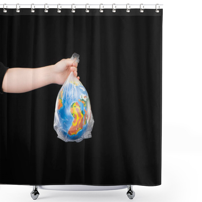 Personality  Cropped View Of Woman Holding Plastic Bag With Globe Isolated On Black, Global Warming Concept Shower Curtains