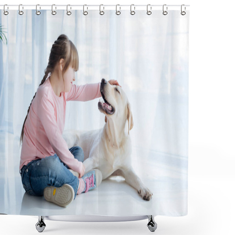 Personality  Little Girl With Down Syndrome Stroking Labrador Retriever Head Shower Curtains