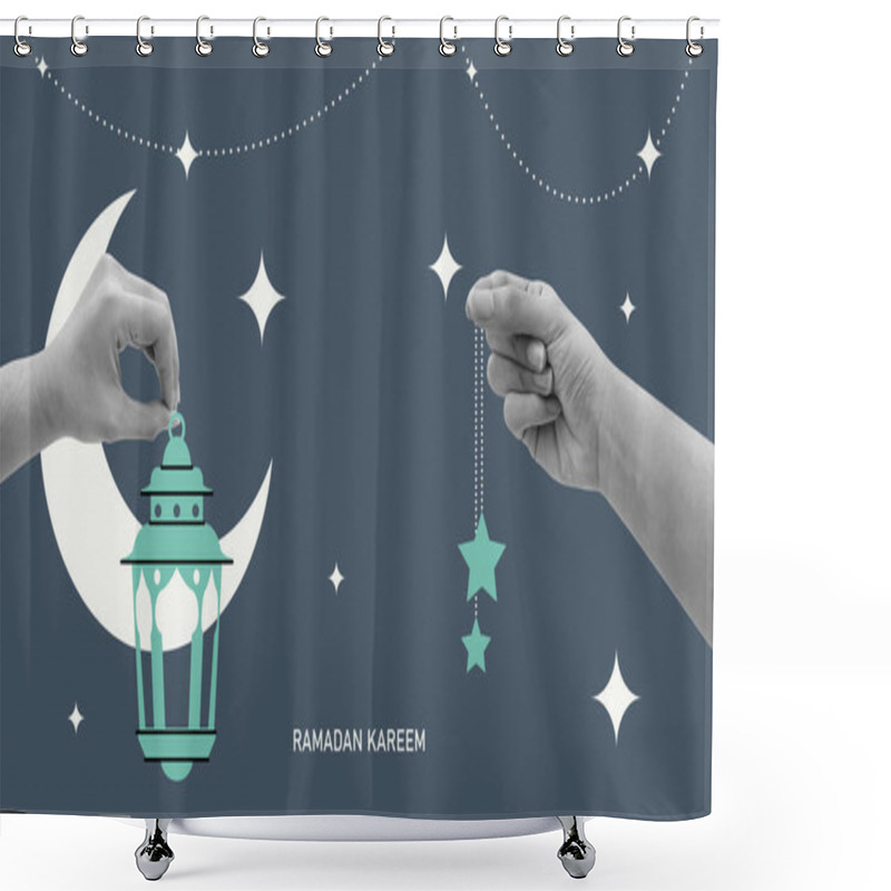 Personality  Realistic Hands Holding Ramadan Lantern Decoration, Ornamented Stars. Ramadan Kareem Greeting Card Shower Curtains