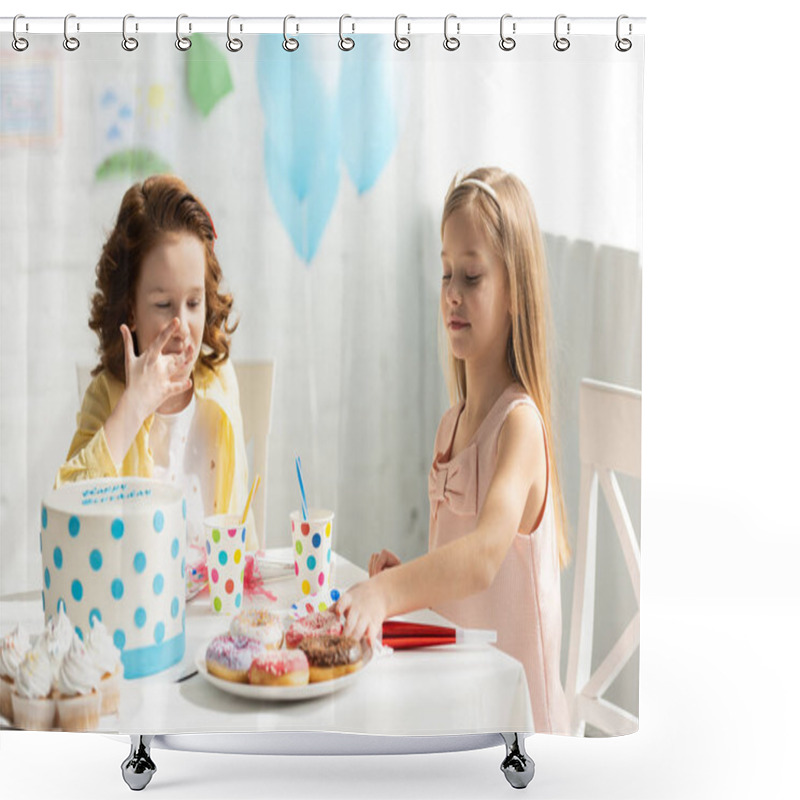 Personality  Adorable Kids Sitting At Party Table With Cupcakes And Cake During Birthday Celebration Shower Curtains