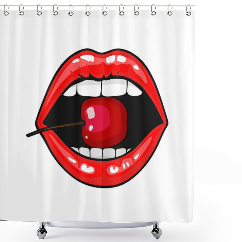 Personality  Woman Red Lips With Cherry On Pop Art Style. Vector Illustration. Isolated On White Shower Curtains