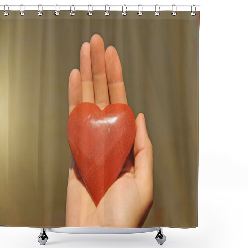 Personality  The Hand Holds A Red Or Terracotta Heart Made Of Natural Stone.  Shower Curtains