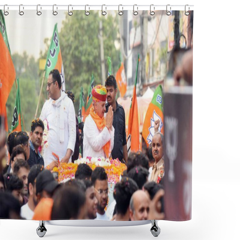 Personality  GURUGRAM, INDIA - MAY 21 2024: Union Minister Of State And BJP Gurugram Parliamentary Constituency Candidate, Rao Inderjit Singh And District President Kamal Yadav Meets With Peoples During A Road Show For Upcoming Lok Sabha Election  Shower Curtains