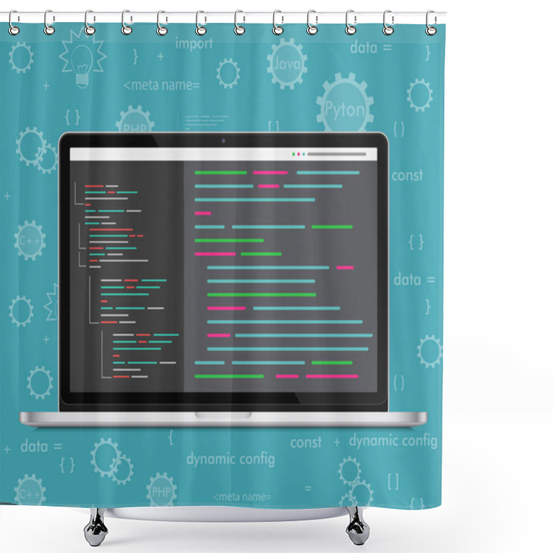 Personality  Vector Laptop Coding Concept. Web Developer, Design, Programming. Laptop Screen Code. Shower Curtains