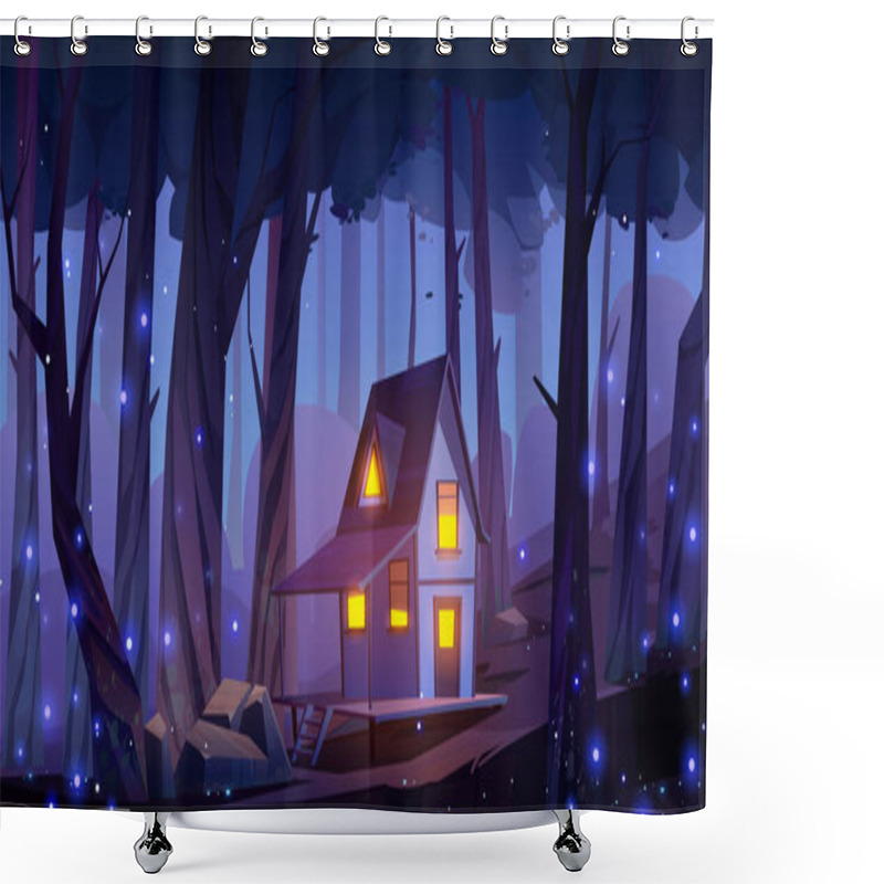 Personality  Game Fantasy Forest At Night With House Landscape Background. Scary And Mystic Scene With Cabin, Firefly And Stone. Nighttime Mysterious Decoration For Halloween With Witch Building And Light Window. Shower Curtains