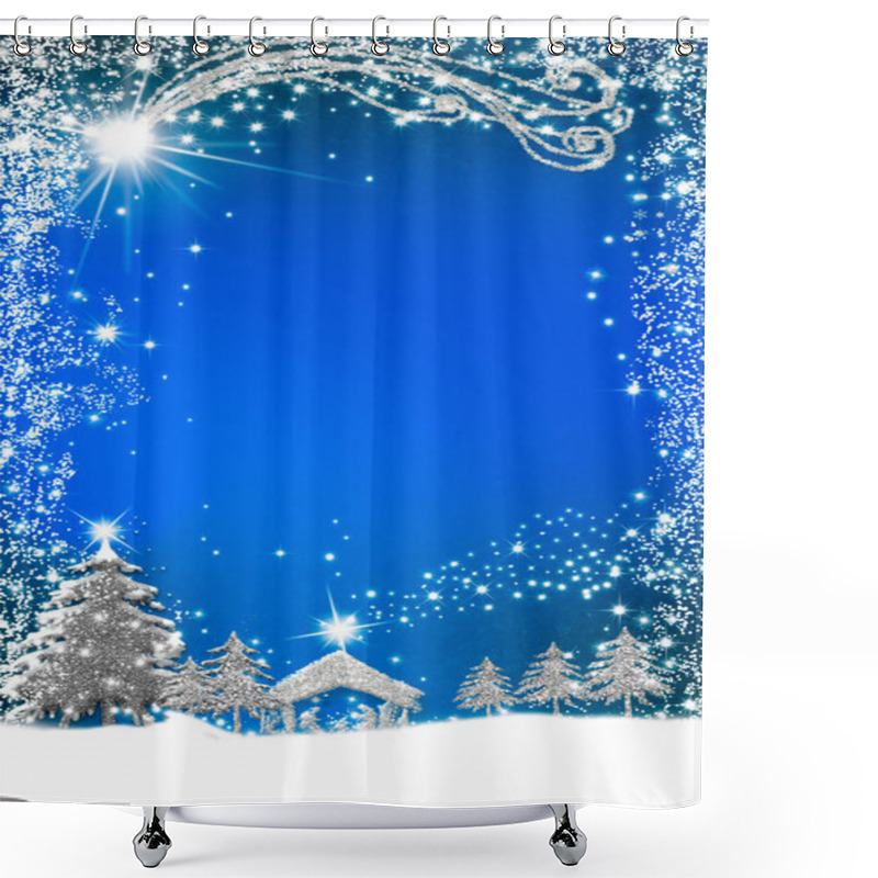 Personality  Christmas Nativity Scene Greetings Cards, Abstract Simple Freehand Drawing Of Nativity Scene, Snowy Landscape With Silver Glitter On A Blue Paper Background With Copy Space Shower Curtains