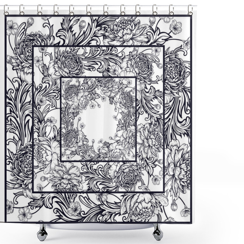 Personality  Peonies And Baroque Style Ornament Details. Floral Patchwork. Shower Curtains