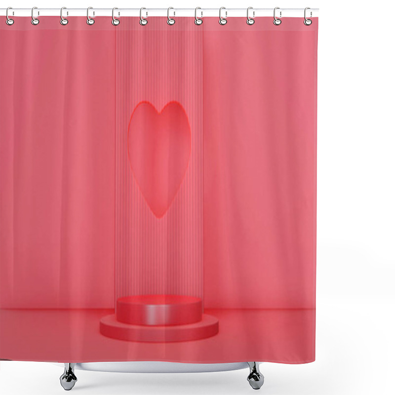 Personality  3d Render Realistic Red And White 3D Cylinder Pedestal Podium With Window Heart Shape Background. Valentine Minimal Scene For Products Showcase, Promotion Display. Abstract Studio Room Platform Design Shower Curtains