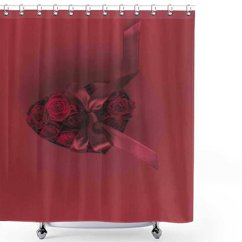 Personality  Top View Of Roses In Heart Shaped Gift Box With Ribbon Isolated On Red, St Valentines Day Holiday Concept Shower Curtains