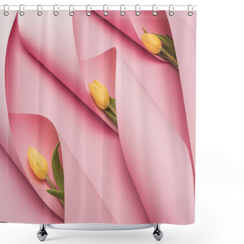 Personality  Yellow Tulips In Paper Swirls On Pink Background Shower Curtains