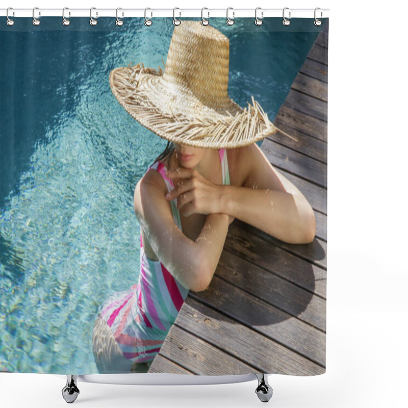 Personality  Attractive Young Woman Enjoying A Day At The Pool, Girl In A Big Straw Hat Leaning On The Edge Of The Pool, Summer Vacation Concept Shower Curtains