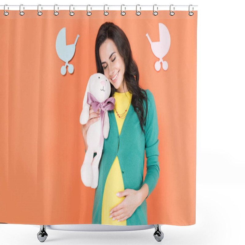 Personality  Beautiful Pregnant Woman Smiling With Closed Eyes And Holding Toy Rabbit On Orange Background Shower Curtains