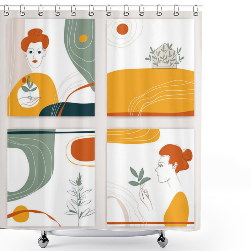 Personality  Vector Modern Abstract Organic Design Collage Template With Woman And Nature Organic Shapes In Yellow, Orange Warm Colors. Book Cover, Wedding Invitation, Poster And Card Design Shower Curtains