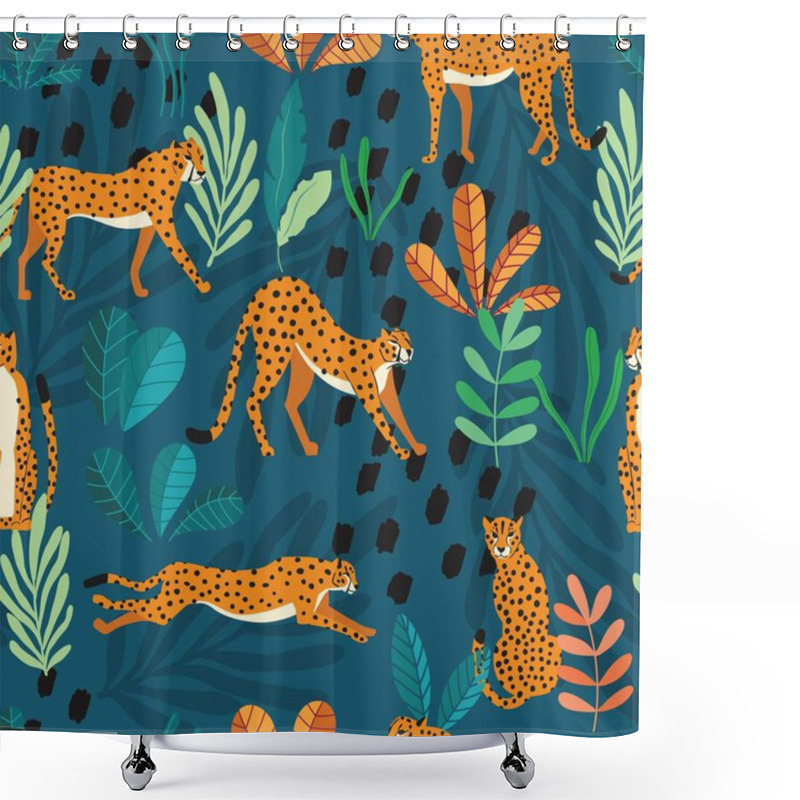 Personality  Seamless Pattern With Hand Drawn Exotic Big Cat Cheetahs, With Tropical Plants And Abstract Elements On Dark Green Background. Colorful Flat Vector Illustration Shower Curtains