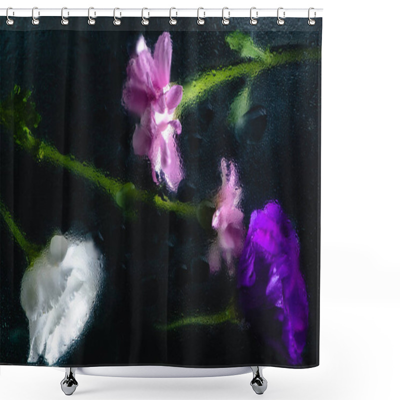 Personality  Beautiful Wet Pink, Blue And White Flowers With Green Stems On Black Shower Curtains