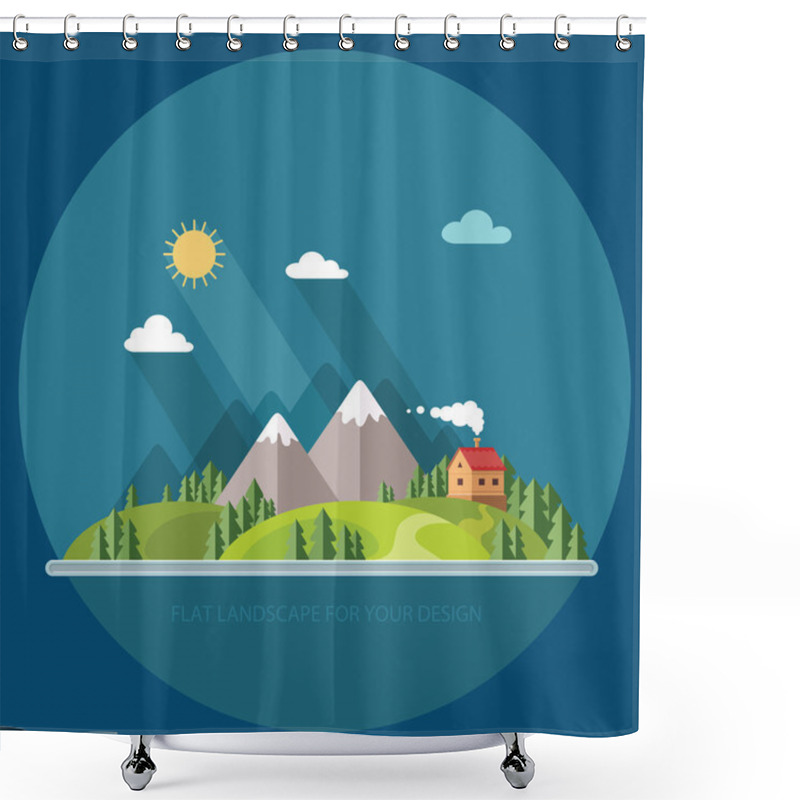 Personality  Landscape. Houses In The Mountains Among The Trees. Flat Style,  Shower Curtains