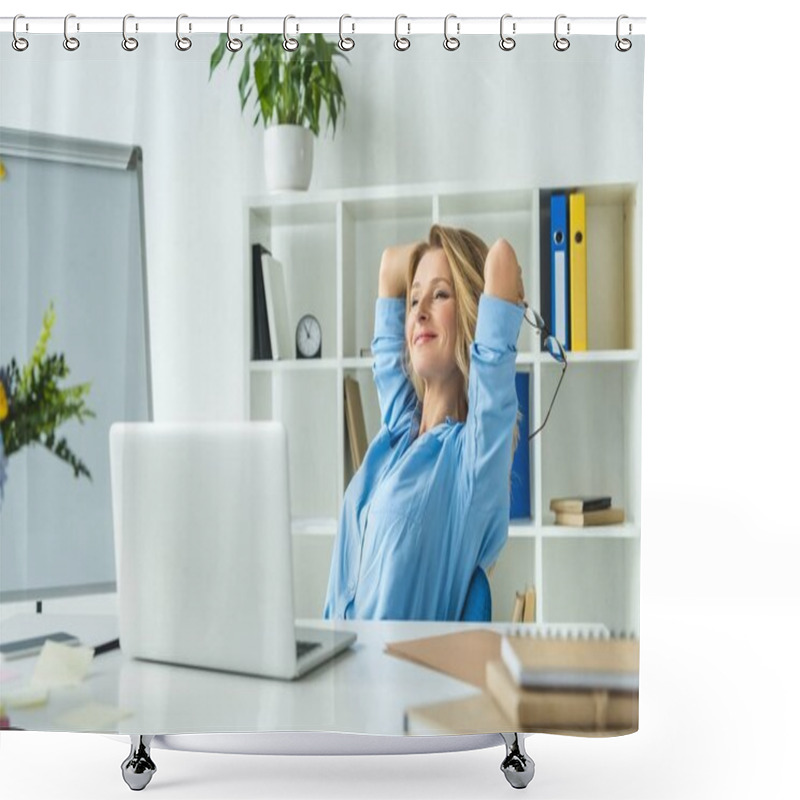 Personality  Happy Businesswoman With Laptop Shower Curtains