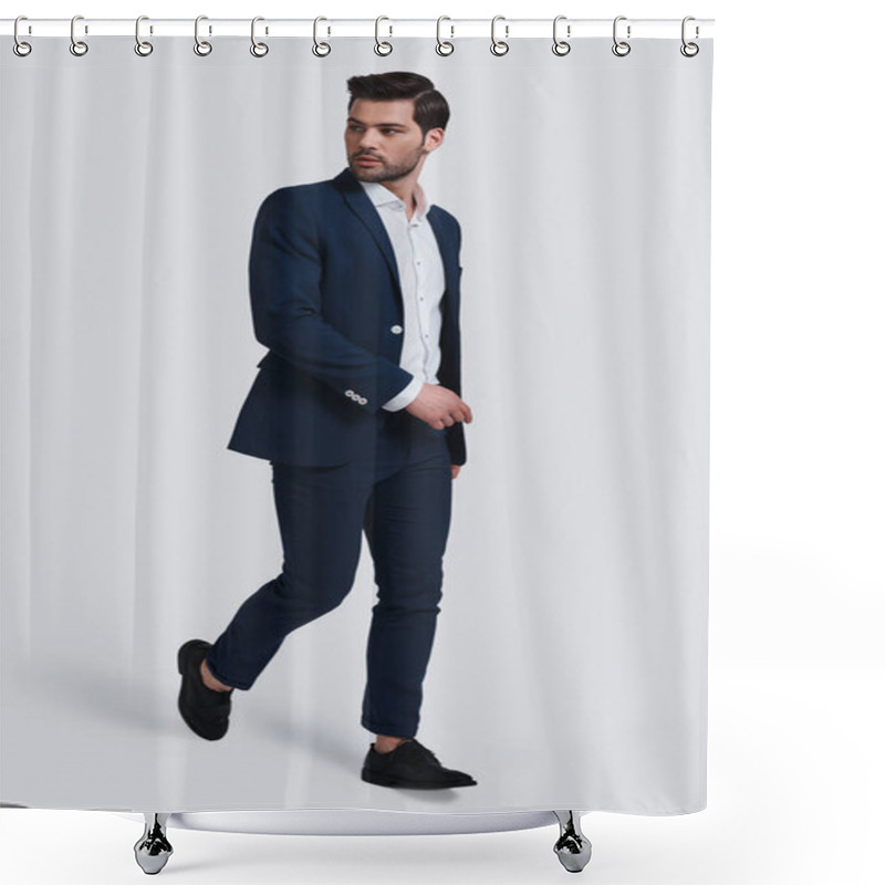 Personality  Full Length Of Handsome Young Man In Full Suit Walking Against Grey Background Shower Curtains