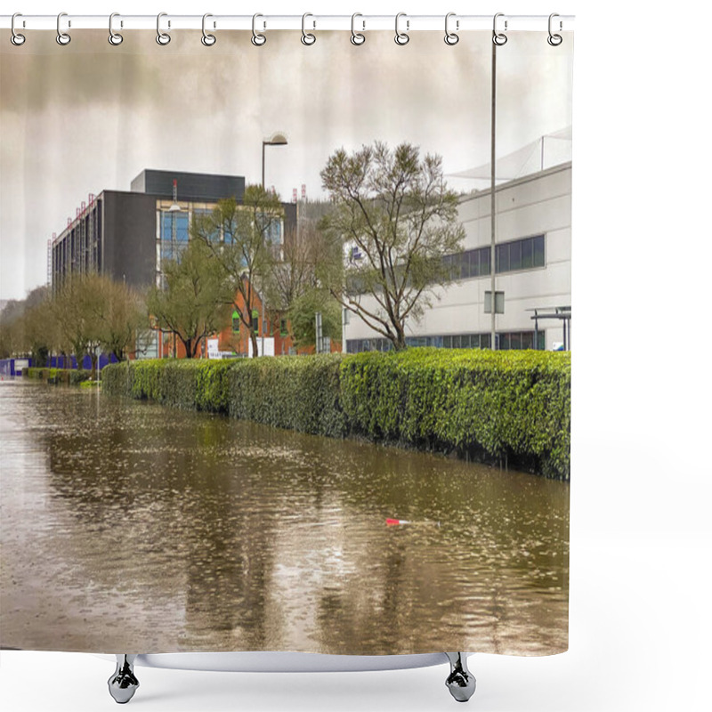 Personality  NANTGARW, NEAR CARDIFF, WALES - FEBRUARY 2020: Flooded Road Outside Offices On Treforest Industrial Estate Near Cardiff Shower Curtains