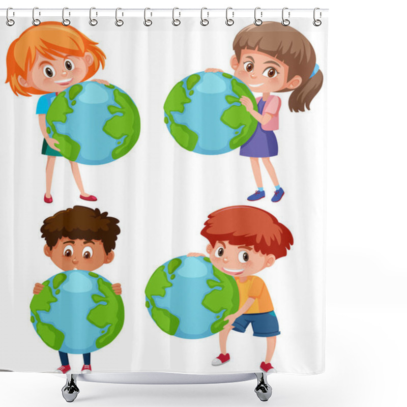 Personality  Boys And Girls Holding Earth On White Background Illustration Shower Curtains