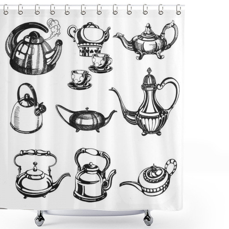 Personality  Hand Drawn Collection Of Teapots Shower Curtains