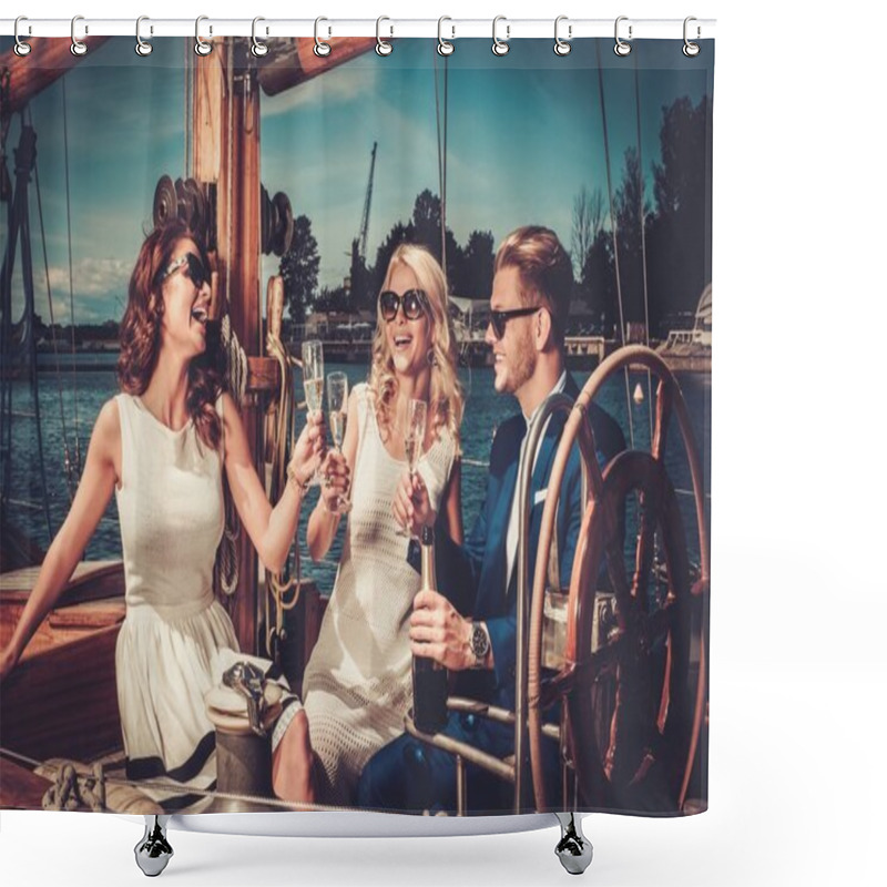 Personality  Stylish Wealthy Friends Having Fun On A Luxury Yacht  Shower Curtains